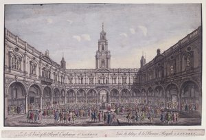 A londoni Royal Exchange belső nézete (színes metszet)